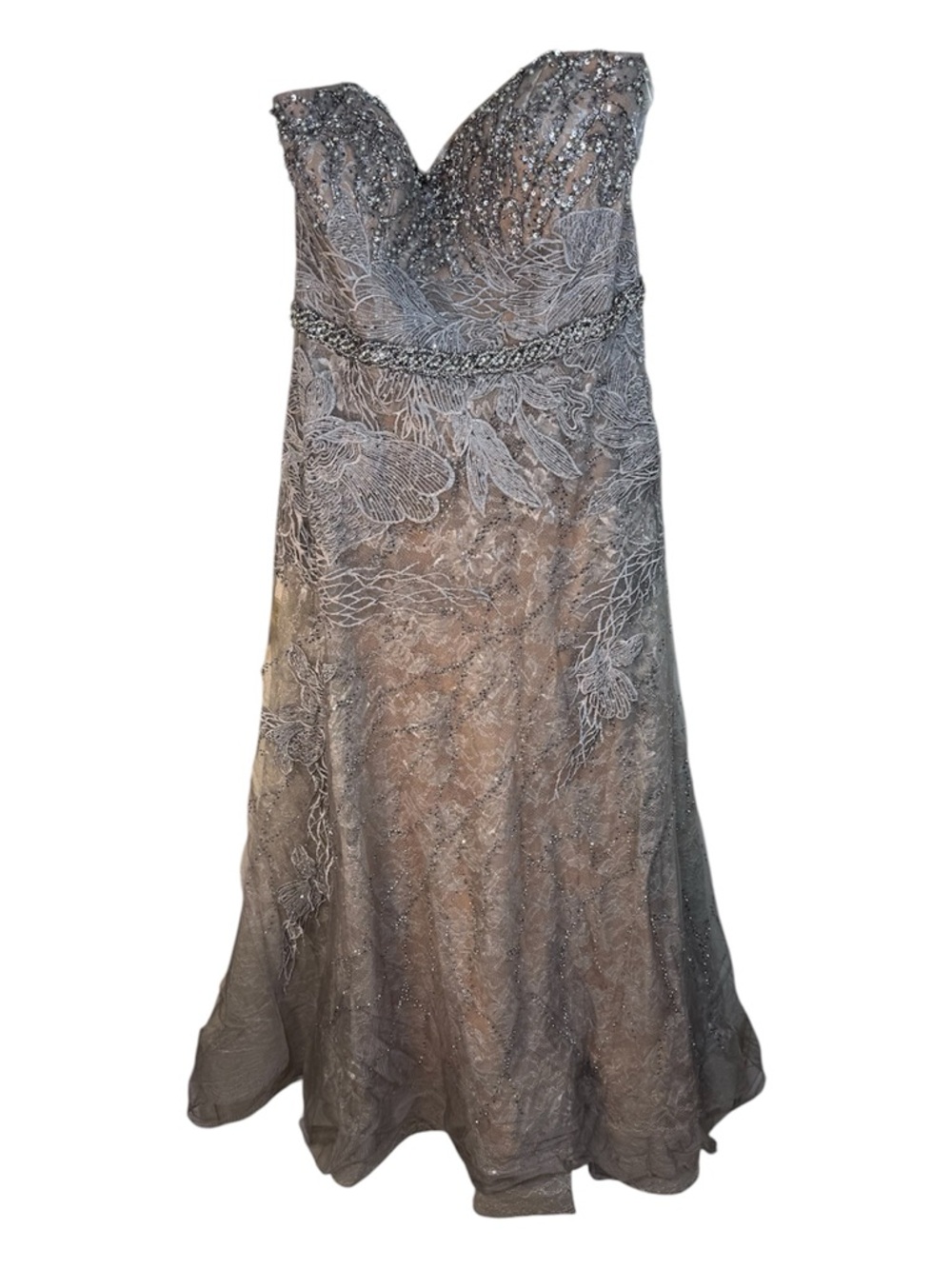 Mon Cheri Strapless Silver Lace A-Line Evening Gown - Picture 4 of 5